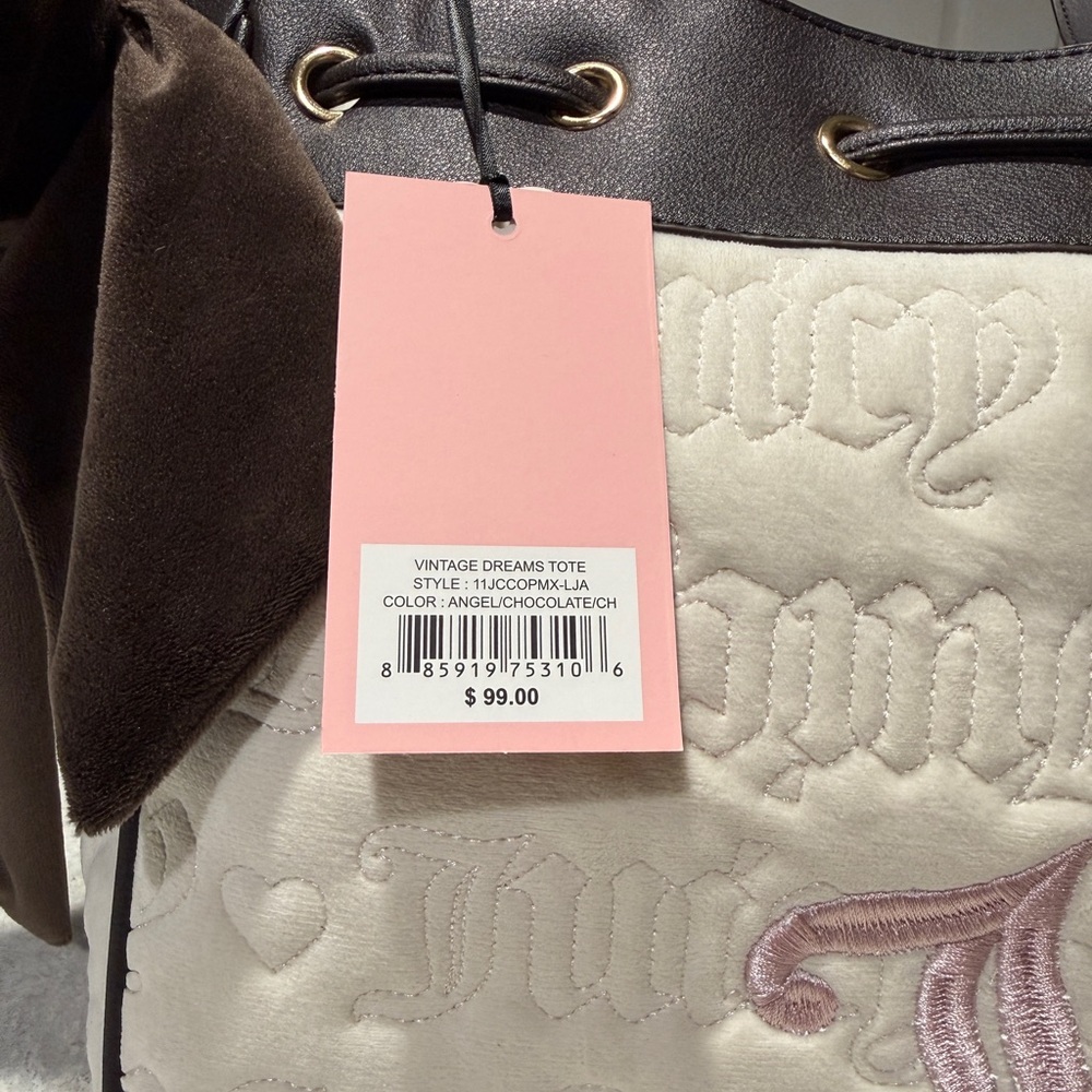 NWT Juicy Couture Vintage Dreams Tote | Angel Chocolate Cream and Pink Tote Bag - Picture 6 of 8